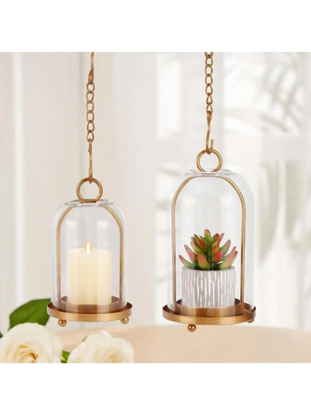 Set of 2 Vintage Brass Candle Lanterns with Thick Glass Dome - Home Decor Accent